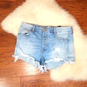 Celebrity Pink Cutoff Medium Wash Buttonfly Shorts